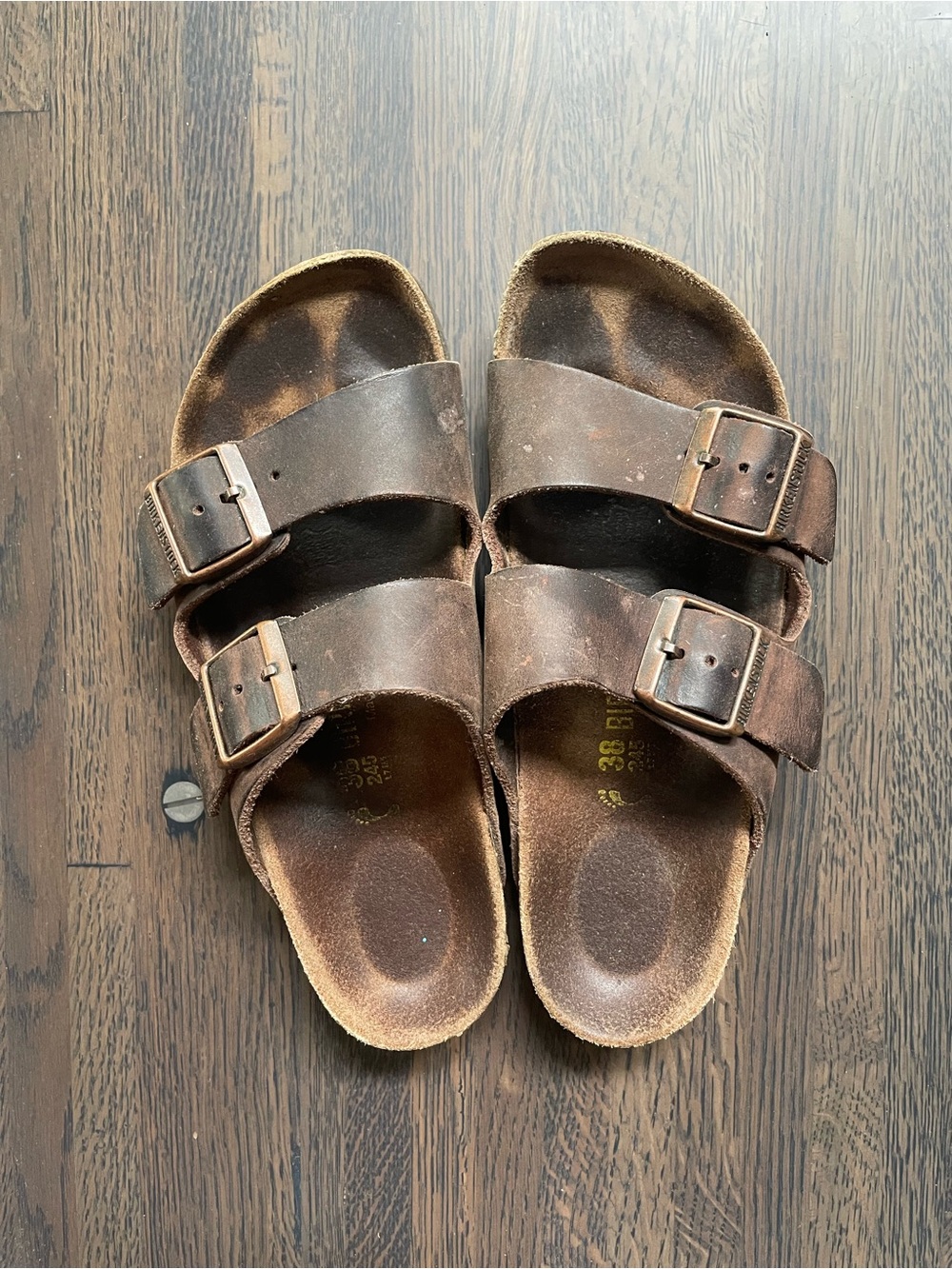 Birkenstock Brown Double-Buckle Leather Slide Sandals